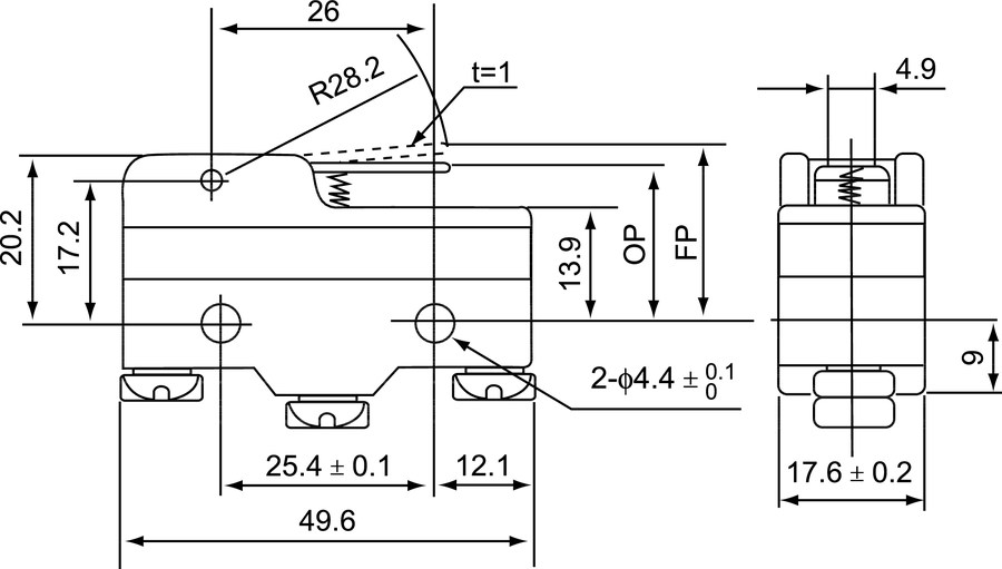 MS\1702 Miniature switch short flat lever - Dimensions
